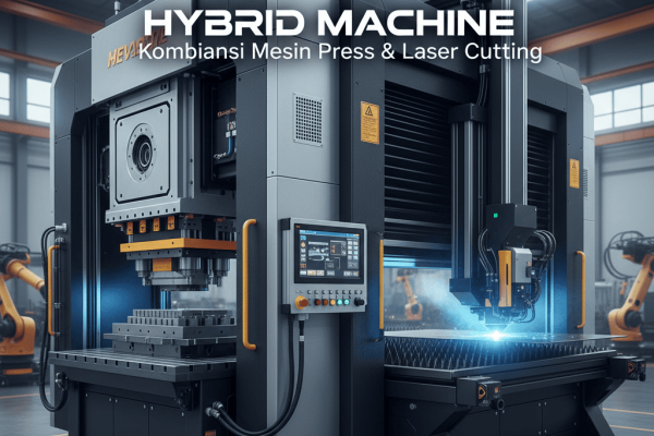 Hybrid Machine: Kombinasi Mesin Press & Laser Cutting Ilustrasi Hybrid Machine yang menggabungkan fungsi mesin press dan laser cutting dalam satu perangkat modern.