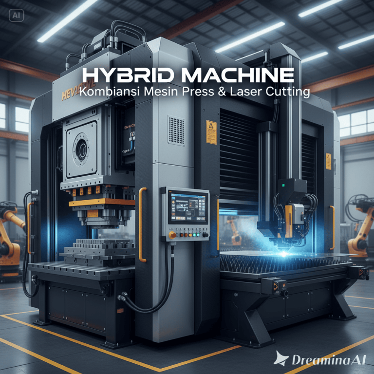 Ilustrasi Hybrid Machine yang menggabungkan fungsi mesin press dan laser cutting dalam satu perangkat modern.