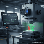Ilustrasi AI Vision System mendeteksi cacat produksi pada mesin press di pabrik.