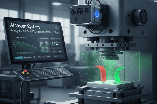 AI Vision System: Mengurangi Cacat Produksi pada Mesin Press Ilustrasi AI Vision System mendeteksi cacat produksi pada mesin press di pabrik.