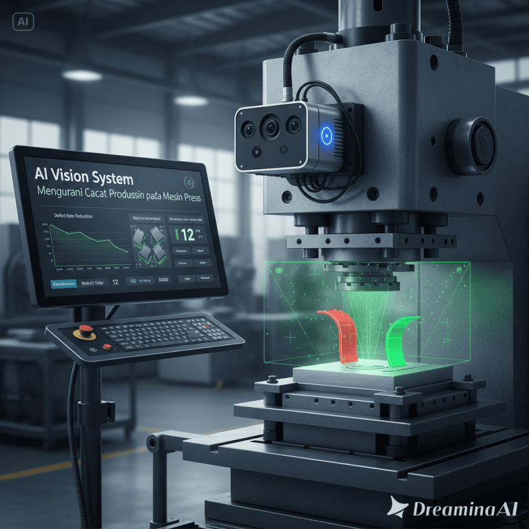 Ilustrasi AI Vision System mendeteksi cacat produksi pada mesin press di pabrik.