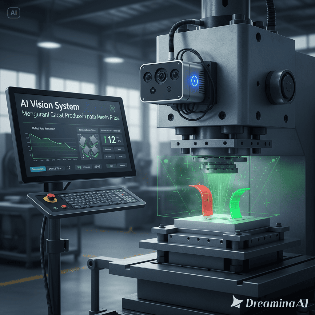 Ilustrasi AI Vision System mendeteksi cacat produksi pada mesin press di pabrik.