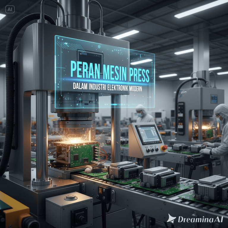 Ilustrasi mesin press modern dalam produksi komponen elektronik.