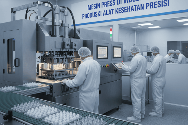 Mesin Press di Industri Medis: Produksi Alat Kesehatan Presisi Ilustrasi mesin press modern yang memproduksi alat kesehatan presisi di industri medis.
