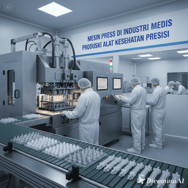 Ilustrasi mesin press modern yang memproduksi alat kesehatan presisi di industri medis.