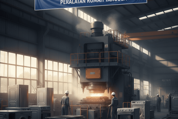 Penerapan Mesin Press dalam Produksi Peralatan Rumah Tangga Ilustrasi mesin press industri membentuk peralatan rumah tangga dari lembaran logam di pabrik modern.