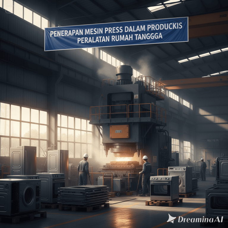 Ilustrasi mesin press industri membentuk peralatan rumah tangga dari lembaran logam di pabrik modern.