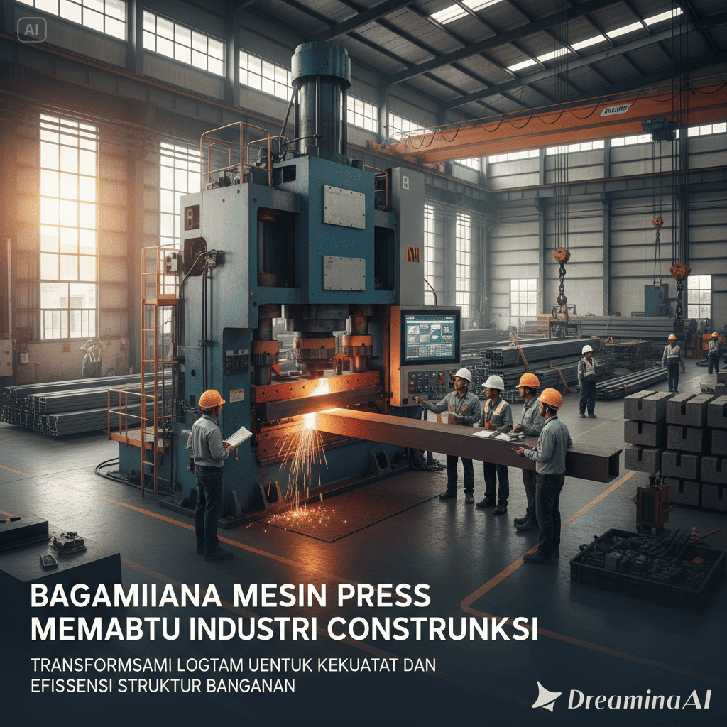 Ilustrasi mesin press hidrolik mencetak pelat logam untuk konstruksi modern.