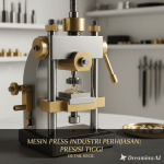 Ilustrasi mesin press mini bekerja mencetak logam perhiasan dengan detail halus di bengkel modern.