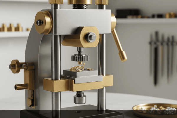 Ilustrasi mesin press mini bekerja mencetak logam perhiasan dengan detail halus di bengkel modern.