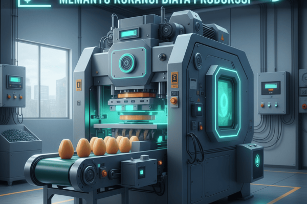 Ilustrasi mesin press modern hemat energi di pabrik industri dengan cahaya biru dan tampilan digital.