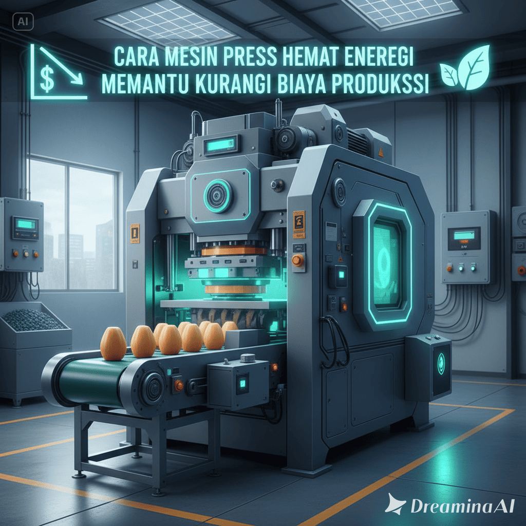 Ilustrasi mesin press modern hemat energi di pabrik industri dengan cahaya biru dan tampilan digital.