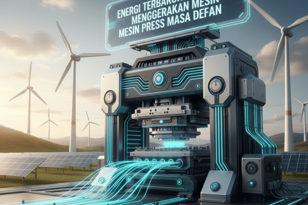 Ilustrasi mesin press modern bertenaga surya di pabrik industri ramah lingkungan dengan panel surya di atap.