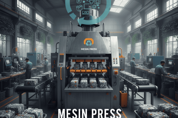 Ilustrasi mesin press industri dengan simbol daur ulang dan latar pabrik ramah lingkungan.