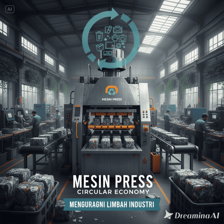 Ilustrasi mesin press industri dengan simbol daur ulang dan latar pabrik ramah lingkungan.