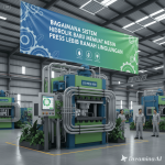Ilustrasi mesin press modern dengan sistem hidrolik ramah lingkungan dan sensor digital.