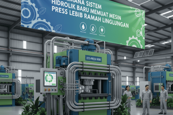 Ilustrasi mesin press modern dengan sistem hidrolik ramah lingkungan dan sensor digital.
