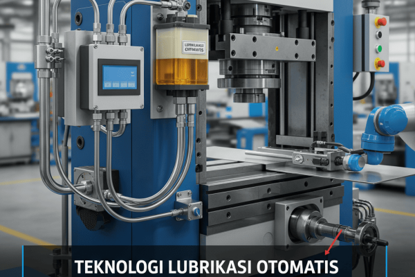 Ilustrasi sistem lubrikasi otomatis bekerja pada mesin press industri dengan aliran oli digital yang terkontrol.