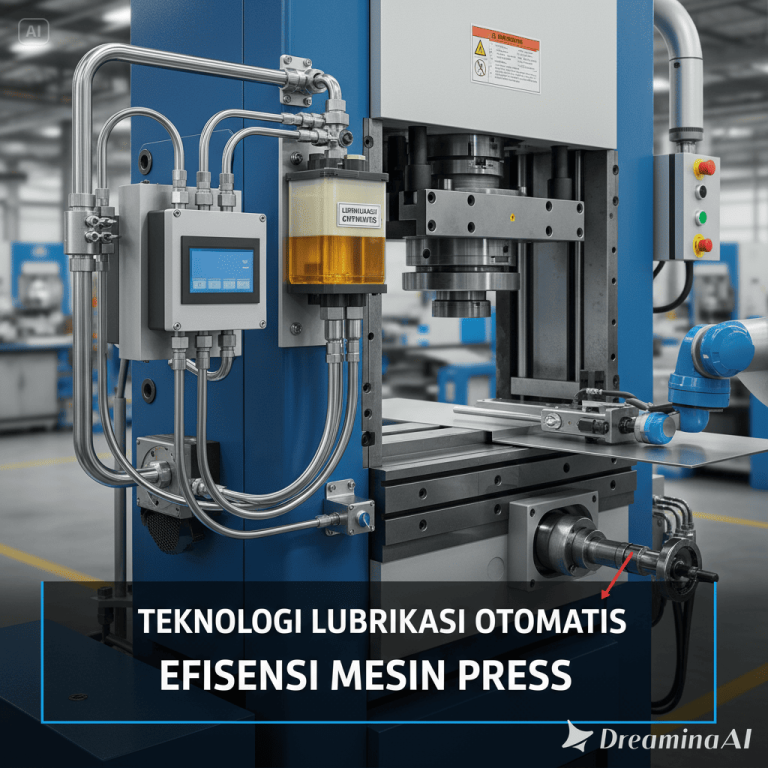 Ilustrasi sistem lubrikasi otomatis bekerja pada mesin press industri dengan aliran oli digital yang terkontrol.
