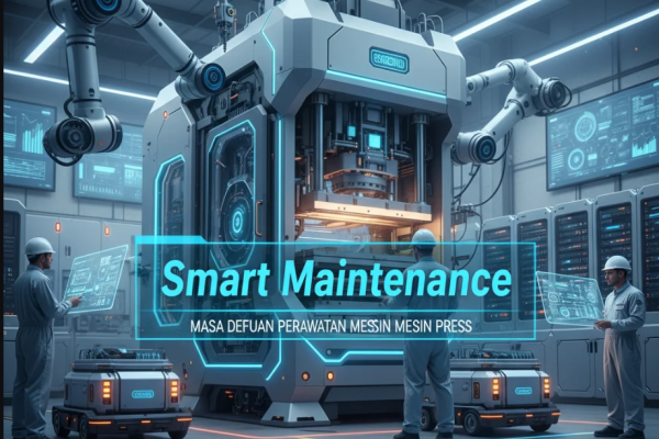 Teknisi memantau mesin press industri dengan layar digital dan sensor IoT di pabrik modern.
