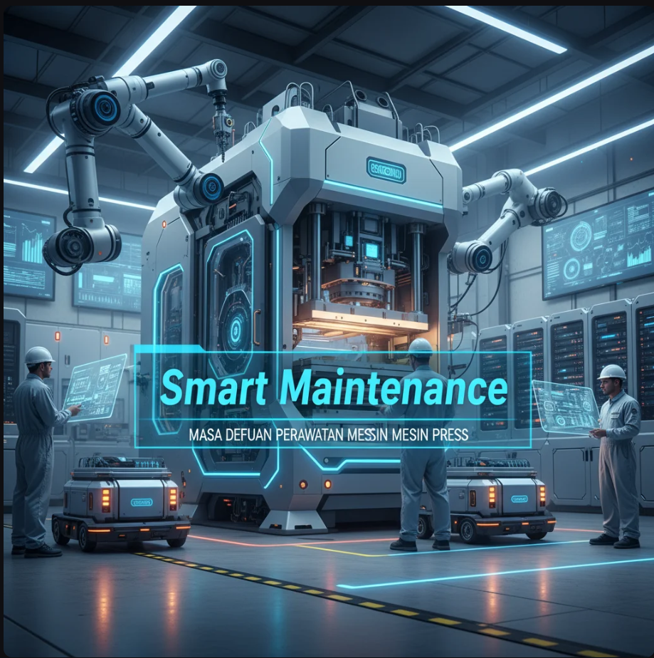Teknisi memantau mesin press industri dengan layar digital dan sensor IoT di pabrik modern.