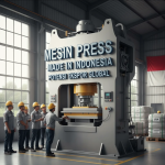 Pekerja pabrik Indonesia mengoperasikan mesin press modern di lini produksi dengan bendera merah putih di latar belakang.