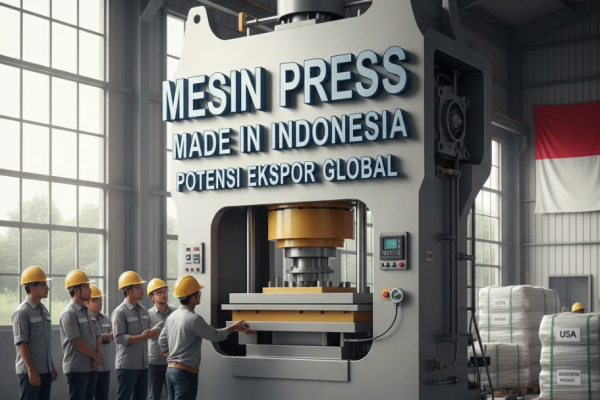 Pekerja pabrik Indonesia mengoperasikan mesin press modern di lini produksi dengan bendera merah putih di latar belakang.