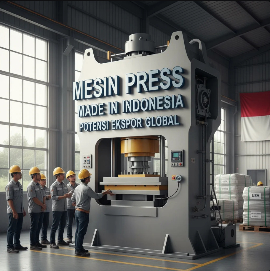 Pekerja pabrik Indonesia mengoperasikan mesin press modern di lini produksi dengan bendera merah putih di latar belakang.