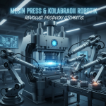 Robot industri bekerja berdampingan dengan mesin press modern di pabrik otomatis.