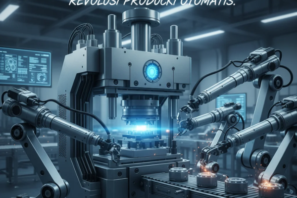 Robot industri bekerja berdampingan dengan mesin press modern di pabrik otomatis.