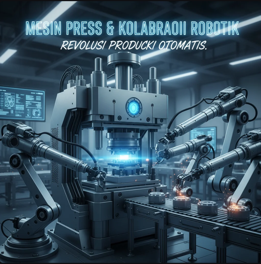 Robot industri bekerja berdampingan dengan mesin press modern di pabrik otomatis.