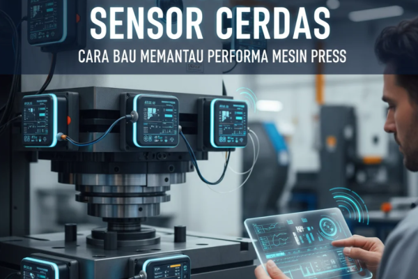 Sensor cerdas memantau mesin press industri melalui dashboard digital berbasis AI.