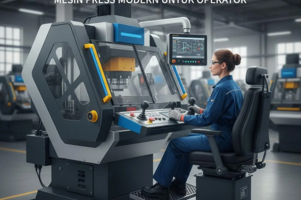 Operator mengoperasikan mesin press modern dengan panel kontrol ergonomis dan posisi kerja nyaman