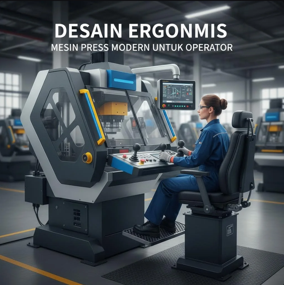 Operator mengoperasikan mesin press modern dengan panel kontrol ergonomis dan posisi kerja nyaman
