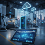 Mesin press otomatis terhubung ke sistem cloud dengan visual data real-time di layar kontrol industri.