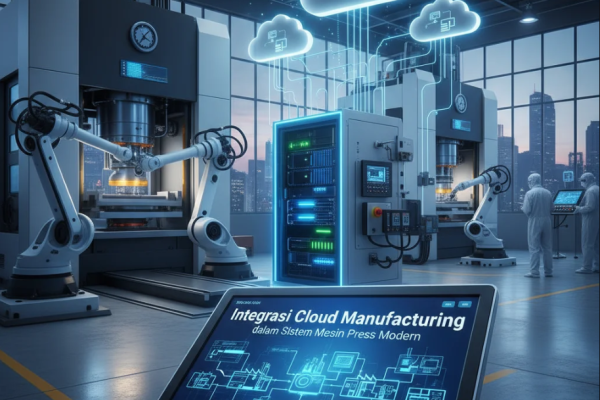 Mesin press otomatis terhubung ke sistem cloud dengan visual data real-time di layar kontrol industri.