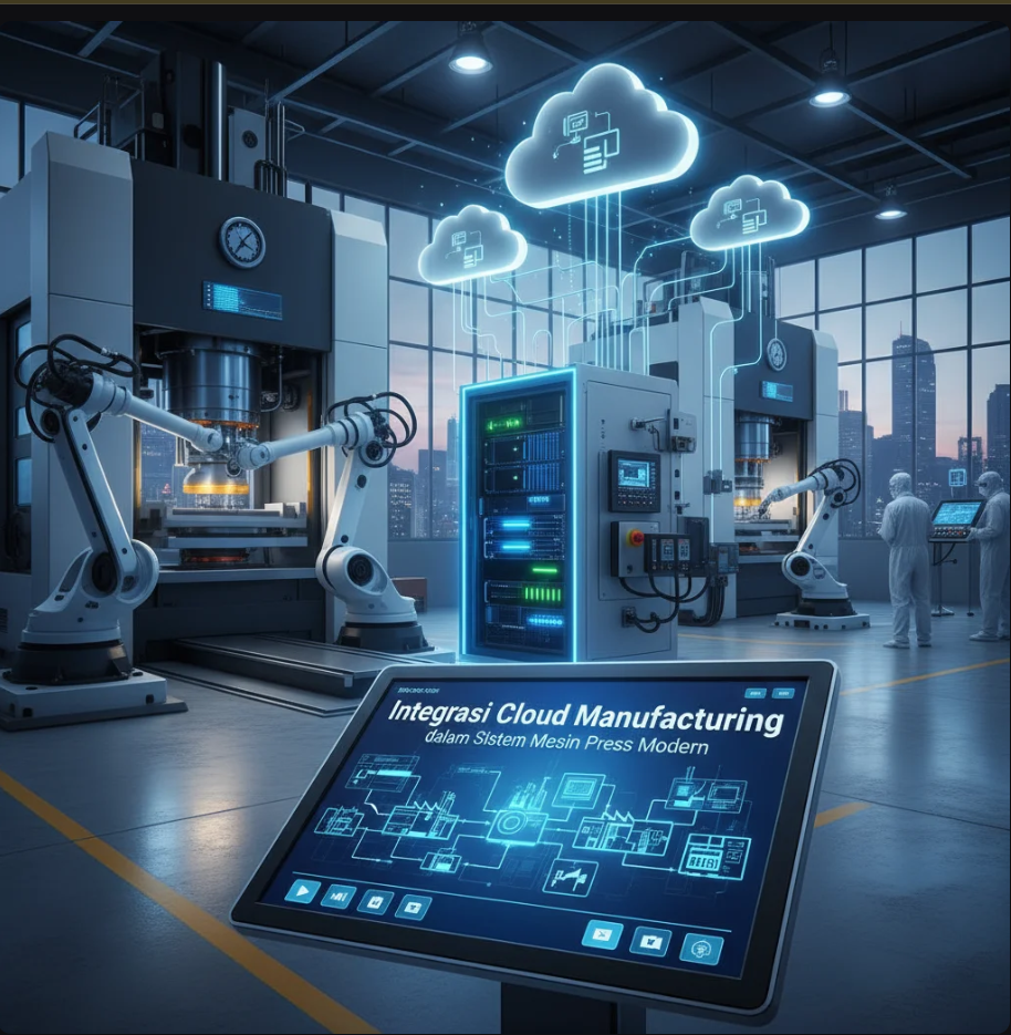 Mesin press otomatis terhubung ke sistem cloud dengan visual data real-time di layar kontrol industri.