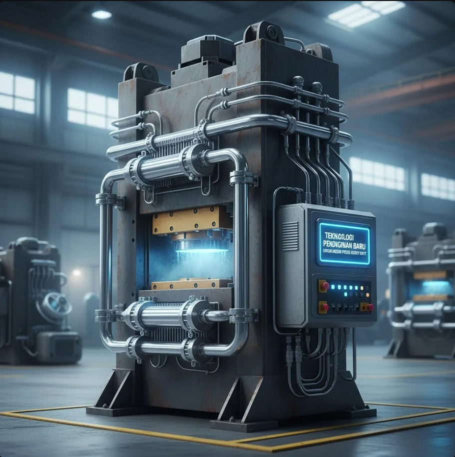 Sistem pendinginan industri modern yang terhubung ke mesin press heavy duty di pabrik