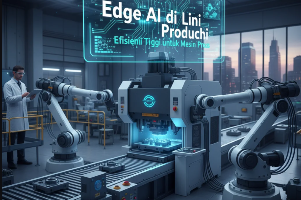 Mesin press industri modern dengan sensor digital dan antarmuka AI real-time di pabrik futuristik.