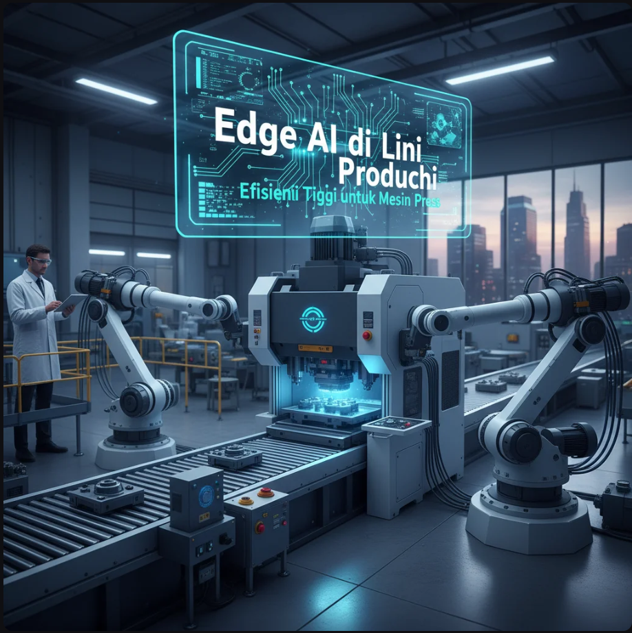 Mesin press industri modern dengan sensor digital dan antarmuka AI real-time di pabrik futuristik.