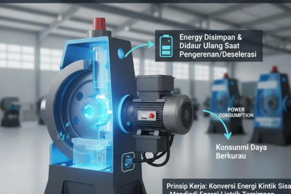 Ilustrasi mesin press industri dengan sistem regenerative energy