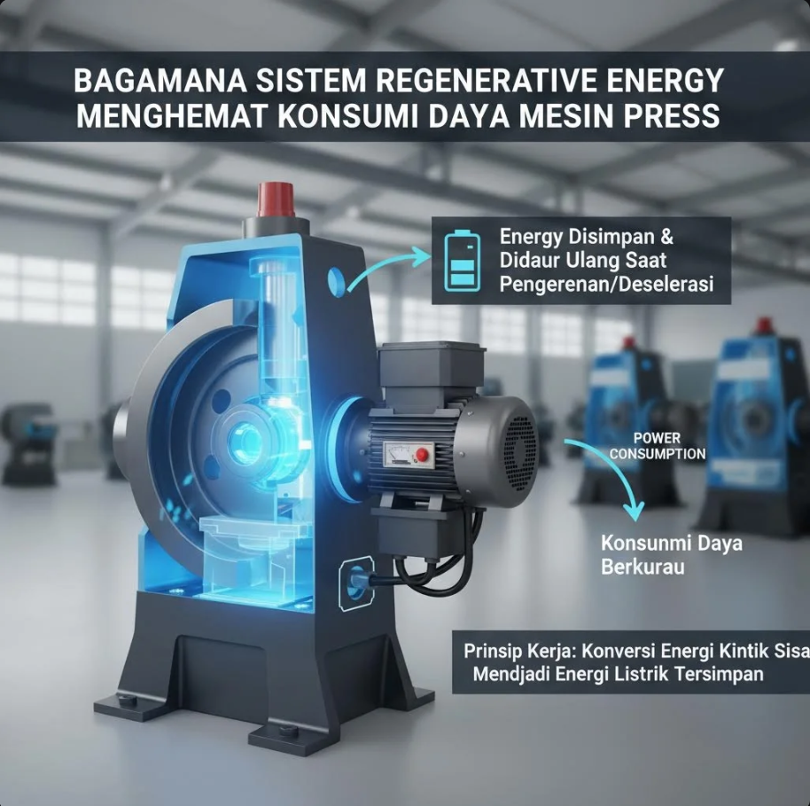 Ilustrasi mesin press industri dengan sistem regenerative energy