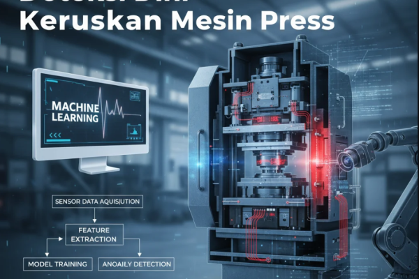 Ilustrasi mesin press industri dengan grafik data sensor dan analisis Machine Learning.
