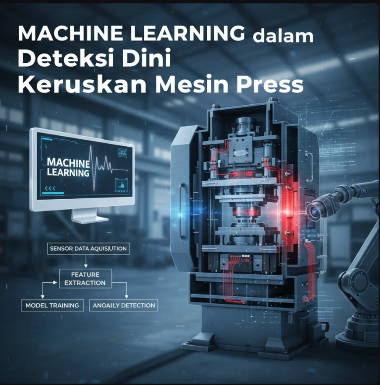 Ilustrasi mesin press industri dengan grafik data sensor dan analisis Machine Learning.