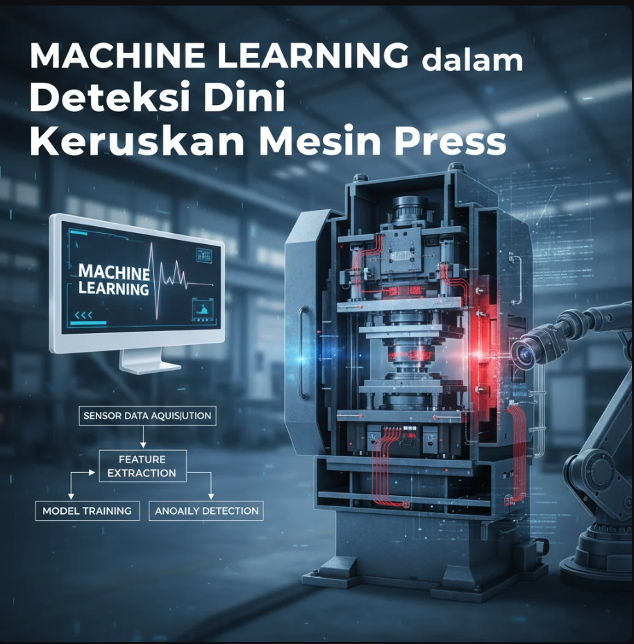 Ilustrasi mesin press industri dengan grafik data sensor dan analisis Machine Learning.