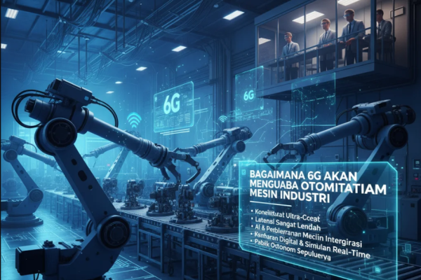 Robot industri bekerja di pabrik cerdas dengan jaringan 6G dan tampilan data holografik di udara.