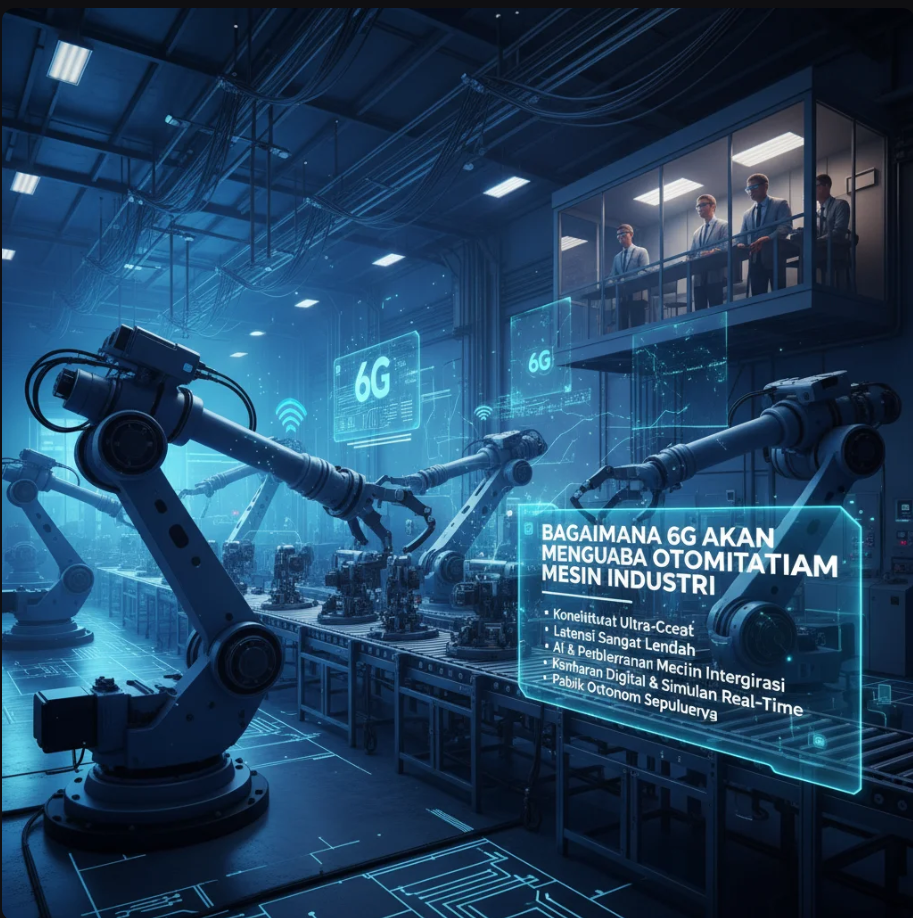 Robot industri bekerja di pabrik cerdas dengan jaringan 6G dan tampilan data holografik di udara.