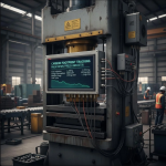 Diagram pemantauan karbon pada mesin press industri dengan dashboard digital