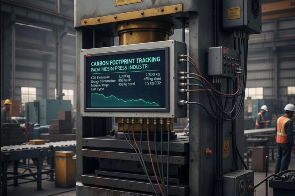 Diagram pemantauan karbon pada mesin press industri dengan dashboard digital