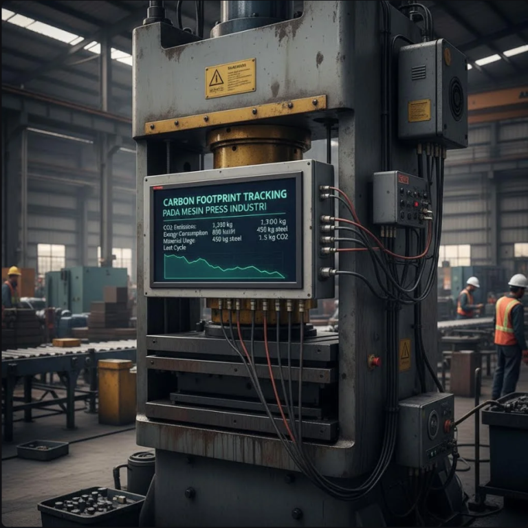 Diagram pemantauan karbon pada mesin press industri dengan dashboard digital